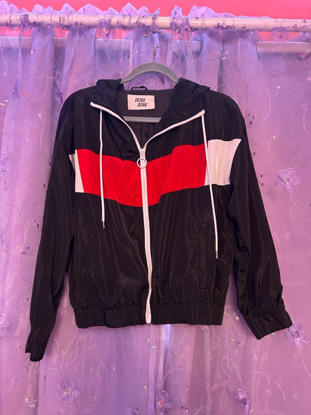 Outer Edge Black Windbreaker Bomber Jacket with Red & White Chevron